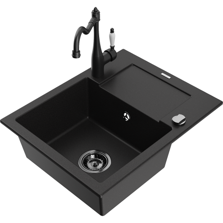 Mexen Enzo jednokomorový granitový dřez s odkapávačem a kuchyňskou baterií Carla, černý - 6506-77-670700-70-B