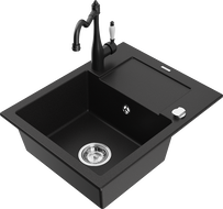 Mexen Enzo granitový dřez 1-komorový s odkapávačem a kuchyňskou baterií Carla, černý - 6506-77-670700-70
