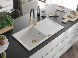 Mexen Leo granitový kuchyňský dřez 1-komorový s odkapávačem a kuchyňskou baterií Aster, bílý - 6501-20-73450-57-G