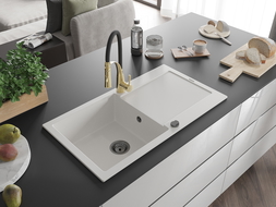 Mexen Leo granitový dřez 1-komorový s odkapávačem a kuchyňskou baterií Aster, bílý - 6501-20-73450-57-B