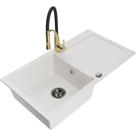 Mexen Leo granitový dřez 1-komorový s odkapávačem a kuchyňskou baterií Aster, bílý - 6501-20-73450-57-B