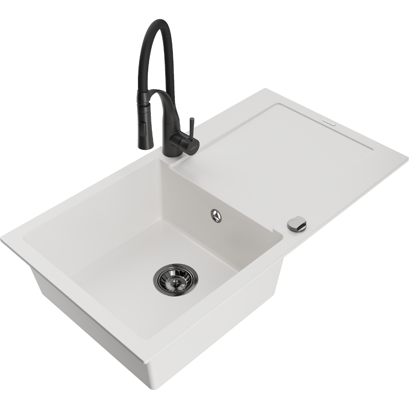 Mexen Leo dřez granitový 1-komorový s odkapávačem a kuchyňskou baterií Aster, bílý - 6501-20-73450-70-B