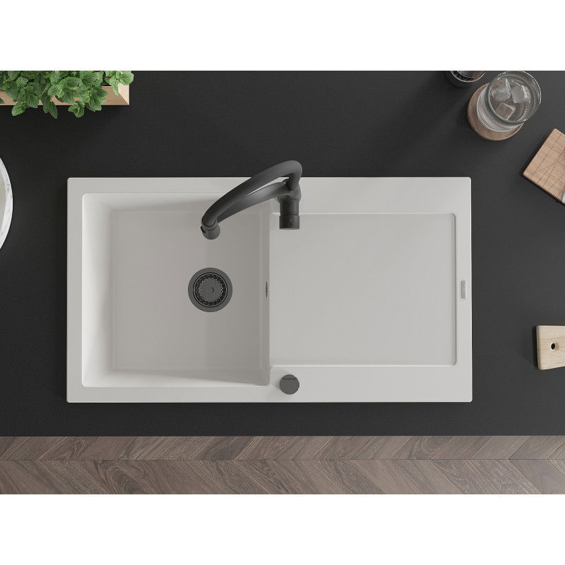 Mexen Leo dřez granitový 1-komorový s odkapávačem a kuchyňskou baterií Aster, bílý - 6501-20-73450-70-B
