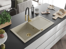 Mexen Leo granitový dřez s 1 komorou s odkapávačem a kuchyňskou baterií Aster, béžový - 6501-69-73450-57-G