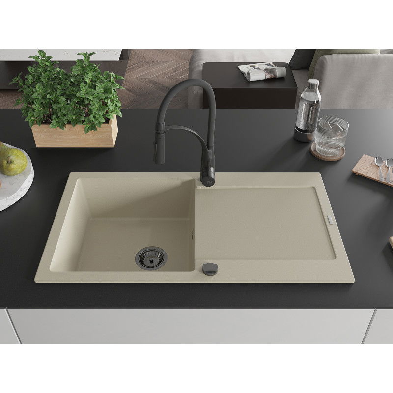 Mexen Leo granitový dřez s 1 komorou, odkapávačem a kuchyňskou baterií Aster, béžový - 6501-69-73450-70-B