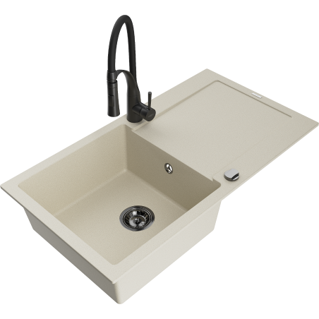 Mexen Leo granitový dřez s 1 komorou, odkapávačem a kuchyňskou baterií Aster, béžový - 6501-69-73450-70-B