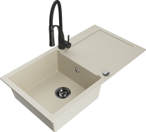 Mexen Leo granitový dřez s 1 komorou, odkapávačem a kuchyňskou baterií Aster, béžový - 6501-69-73450-70-B