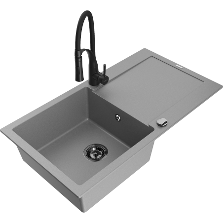 Mexen Leo granitový dřez 1-komorový s odkapávačem a kuchyňskou baterií Aster, šedý - 6501-71-73450-70-B