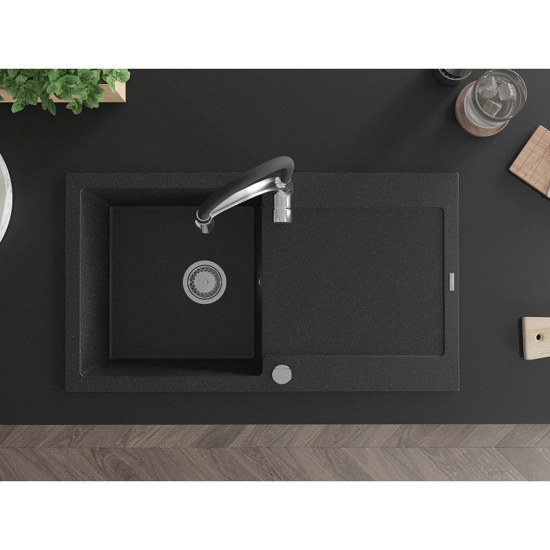 Mexen Leo granitový dřez s jednou komorou a odkapávačem a kuchyňskou baterií Aster, černý/stříbrný metalik - 6501-73-73450-07