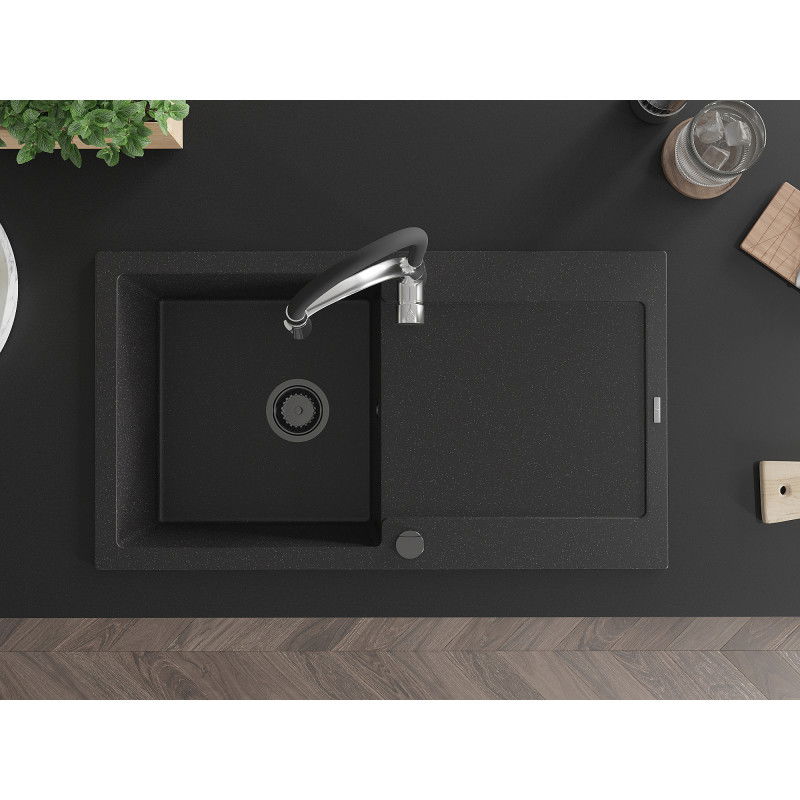 Mexen Leo granitový dřez s 1 komorou a odkapávačem a kuchyňskou baterií Aster, černý/stříbrný metalik - 501-73-73450-07-B
