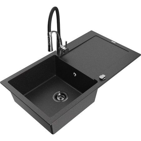 Mexen Leo granitový dřez s 1 komorou a odkapávačem a kuchyňskou baterií Aster, černý/stříbrný metalik - 501-73-73450-07-B