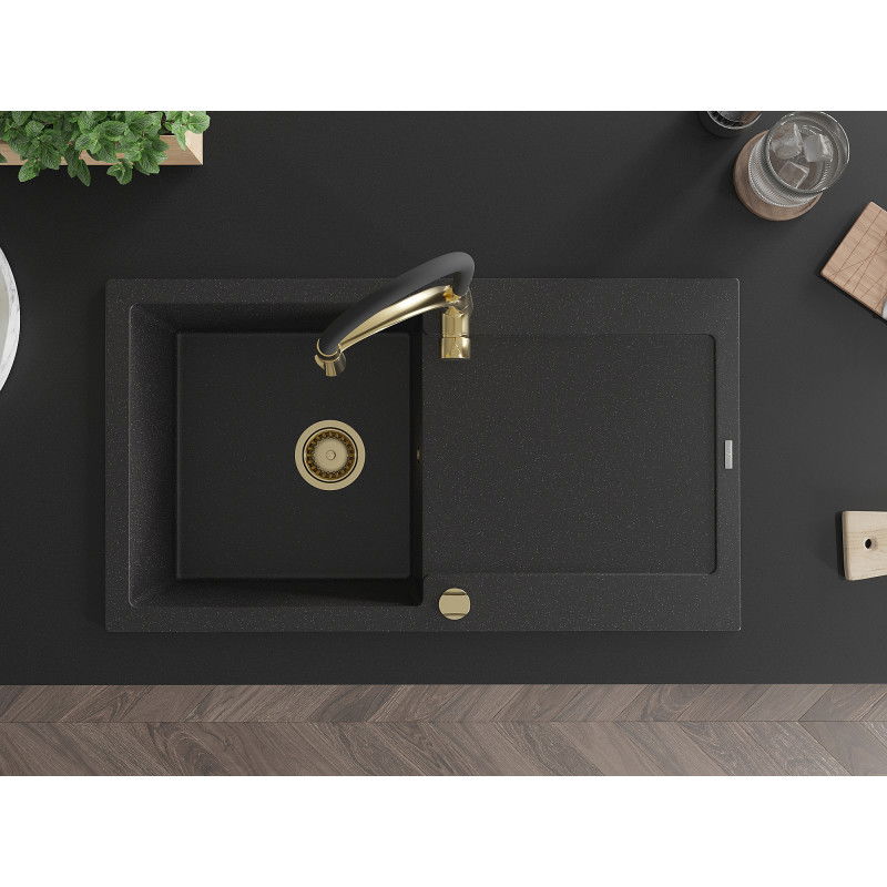 Mexen Leo granitový dřez 1-komorový s odkapávačem a kuchyňskou baterií Aster, černý/stříbrný metalický - 6501-73-73450-57-G