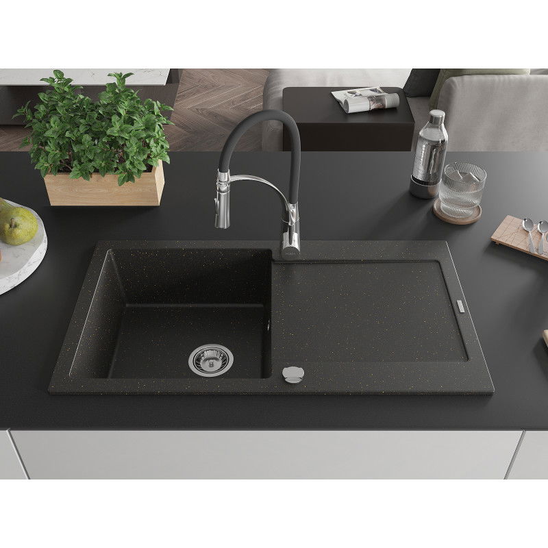 Mexen Leo granitový dřez 1-komorový s odkapávačem a kuchyňskou baterií Aster, černý/zlatý metalik - 6501-75-73450-07