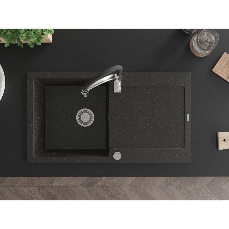 Mexen Leo granitový dřez 1-komorový s odkapávačem a kuchyňskou baterií Aster, černý/zlatý metalik - 6501-75-73450-07
