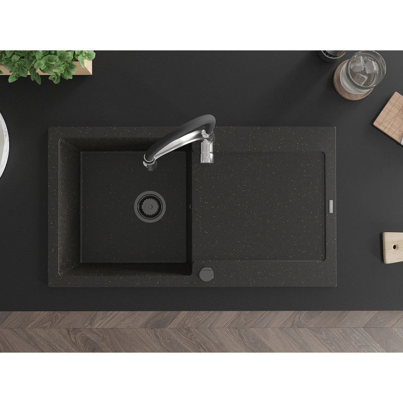 Mexen Leo granitový jednodřez s odkapávačem a kuchyňskou baterií Aster, černá/zlatý metalik - 6501-75-73450-07-B