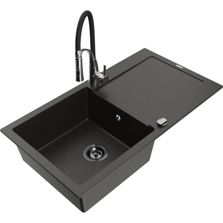 Mexen Leo granitový jednodřez s odkapávačem a kuchyňskou baterií Aster, černá/zlatý metalik - 6501-75-73450-07-B