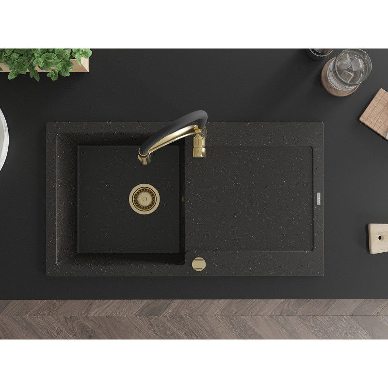 Mexen Leo granitový jednodřez s odkapávačem a kuchyňskou baterií Aster, černá/zlatý metalický - 6501-75-73450-57-G