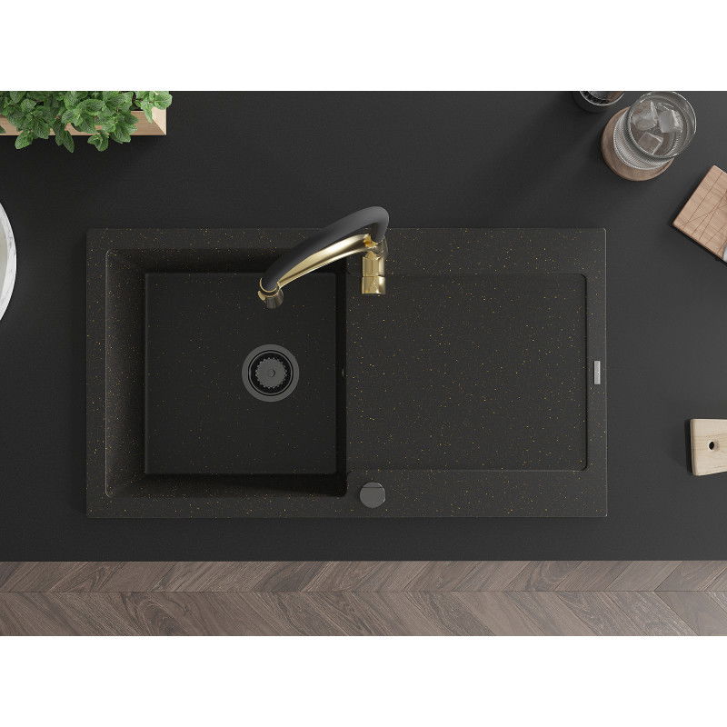 Mexen Leo granitový dřez 1-komorový s odkapávačem a kuchyňskou baterií Aster, černý/zlatý metalik - 6501-75-73450-57-B
