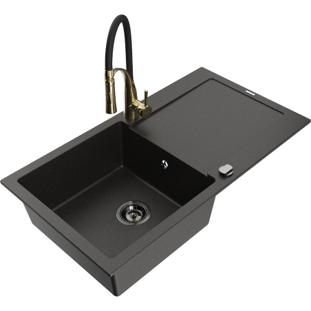 Mexen Leo granitový dřez 1-komorový s odkapávačem a kuchyňskou baterií Aster, černý/zlatý metalik - 6501-75-73450-57-B