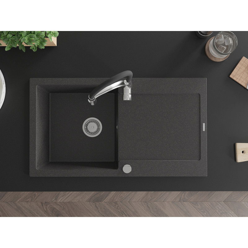 Mexen Leo granitový dřez 1-komorový s odkapávačem a kuchyňskou baterií Aster, černý žíhaný - 6501-76-73450-07