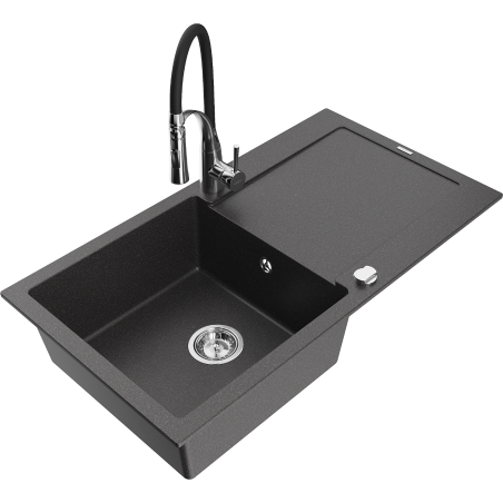 Mexen Leo granitový dřez 1-komorový s odkapávačem a kuchyňskou baterií Aster, černý žíhaný - 6501-76-73450-07