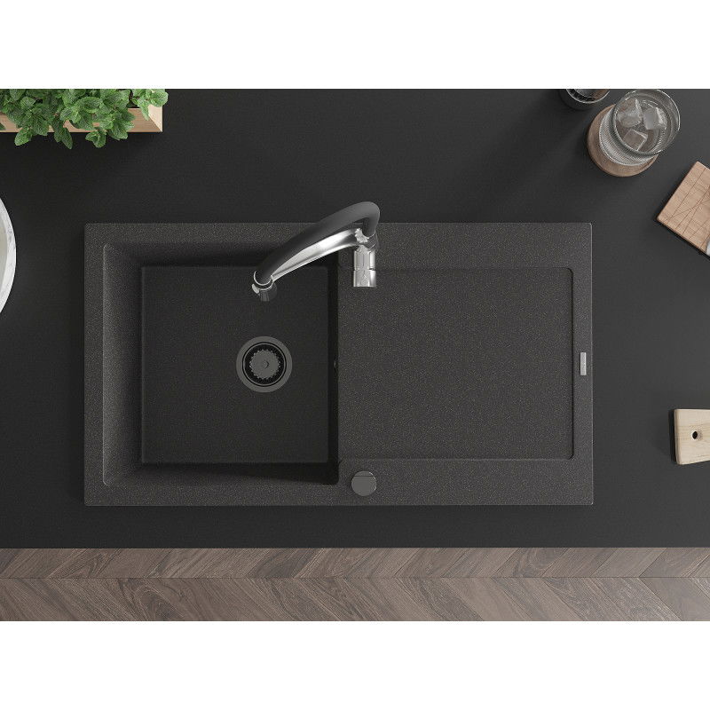 Mexen Leo granitový dřez s 1 komorou a odkapávačem a kuchyňskou baterií Aster, černý s tečkami - 6501-76-73450-07-B
