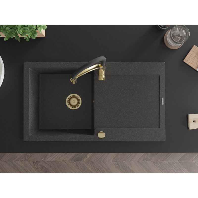 Mexen Leo jedno-komorový žulový dřez s odkapávačem a kuchyňskou baterií Aster, černý melírovaný - 6501-76-73450-57-G