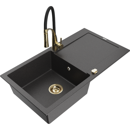 Mexen Leo jedno-komorový žulový dřez s odkapávačem a kuchyňskou baterií Aster, černý melírovaný - 6501-76-73450-57-G