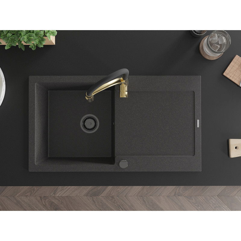 Mexen Leo granitový dřez 1-komorový s odkapávačem a kuchyňskou baterií Aster, černý s tečkami - 6501-76-73450-57-B