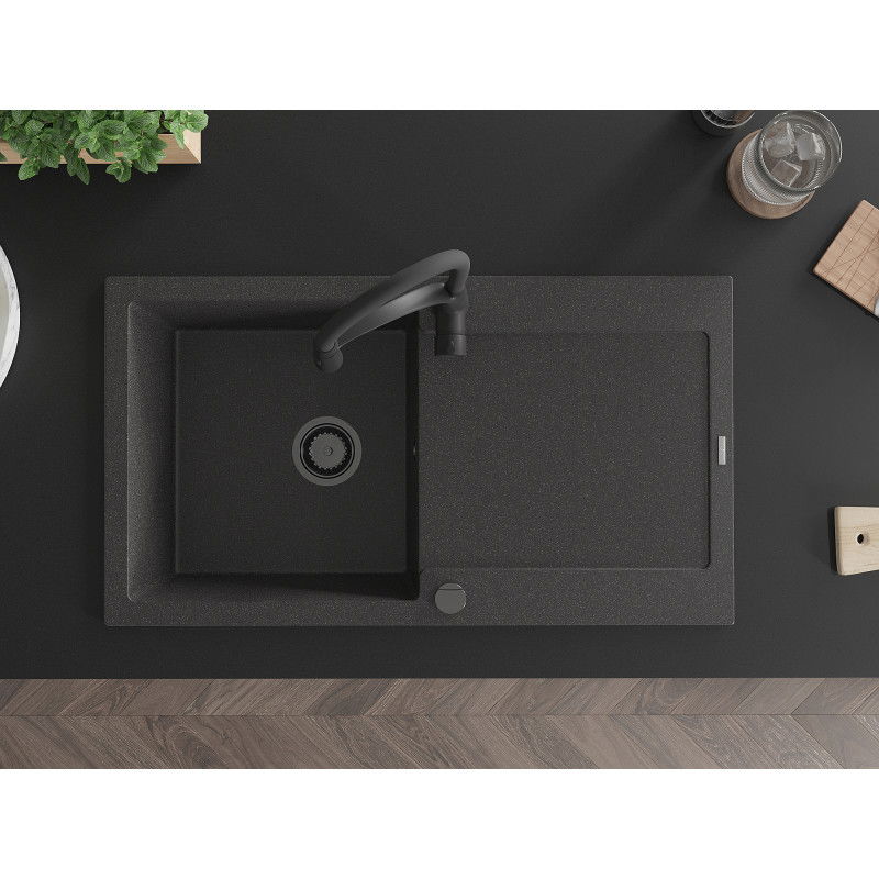 Mexen Leo granitový dřez s 1 komorou, odkapávačem a kuchyňskou baterií Aster, černý skvrnitý - 6501-76-73450-70-B