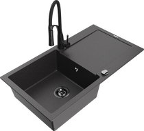 Mexen Leo granitový dřez s 1 komorou, odkapávačem a kuchyňskou baterií Aster, černý skvrnitý - 6501-76-73450-70-B