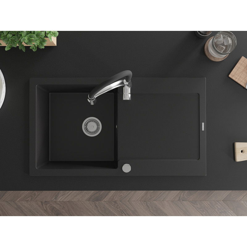 Mexen Leo granitový dřez 1-komorový s odkapem a kuchyňskou baterií Aster, černý - 6501-77-73450-07
