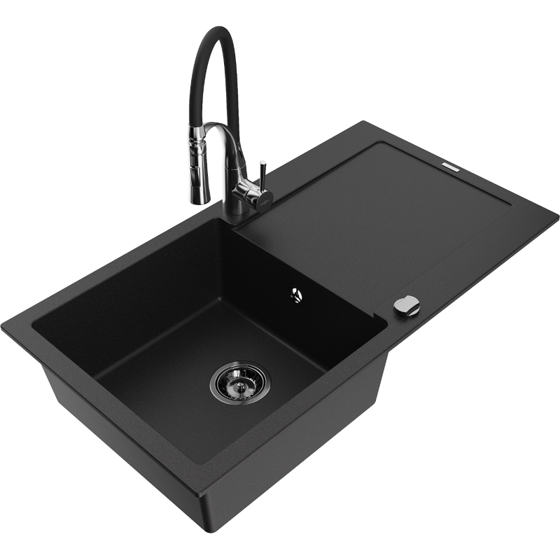 Mexen Leo granitový dřez 1-komorový s odkapávačem a kuchyňskou baterií Aster, černý - 6501-77-73450-07-B