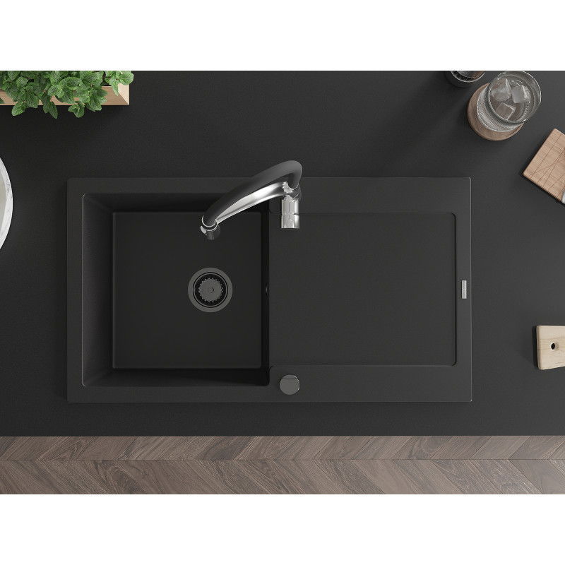 Mexen Leo granitový dřez 1-komorový s odkapávačem a kuchyňskou baterií Aster, černý - 6501-77-73450-07-B