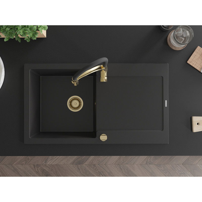 Mexen Leo granitový dřez 1-komorový s odkapávačem a kuchyňskou baterií Aster, černý - 6501-77-73450-57-G
