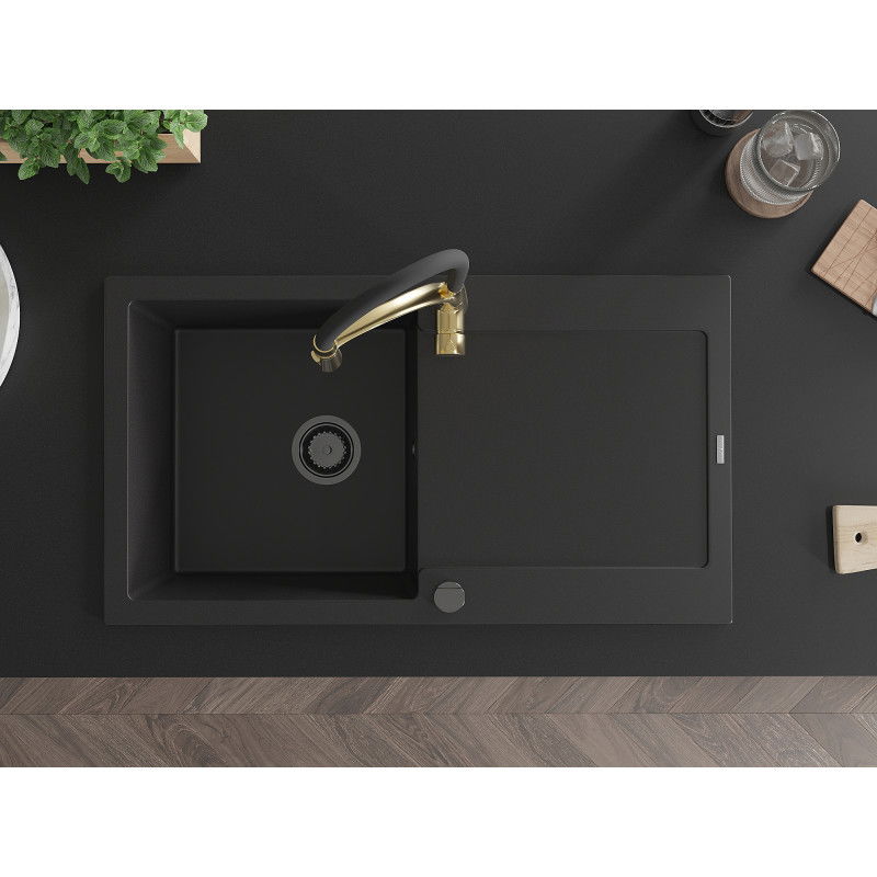 Mexen Leo granitový dřez 1-komorový s odkapávačem a kuchyňskou baterií Aster, černý - 6501-77-73450-57-B