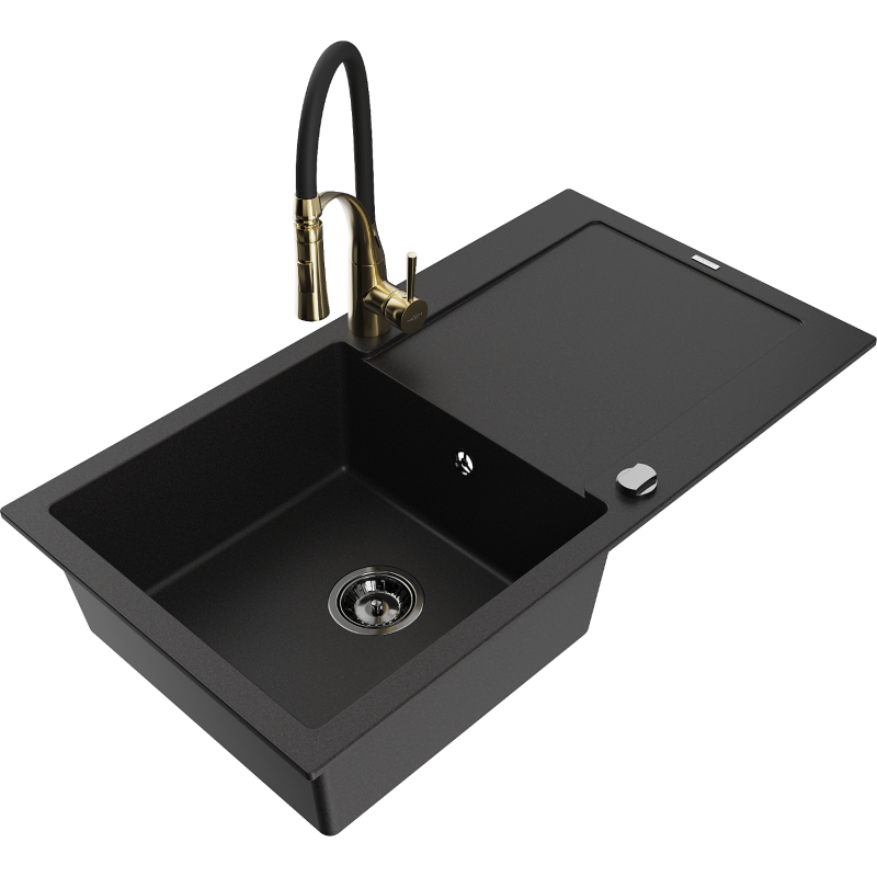 Mexen Leo granitový dřez 1-komorový s odkapávačem a kuchyňskou baterií Aster, černý - 6501-77-73450-57-B