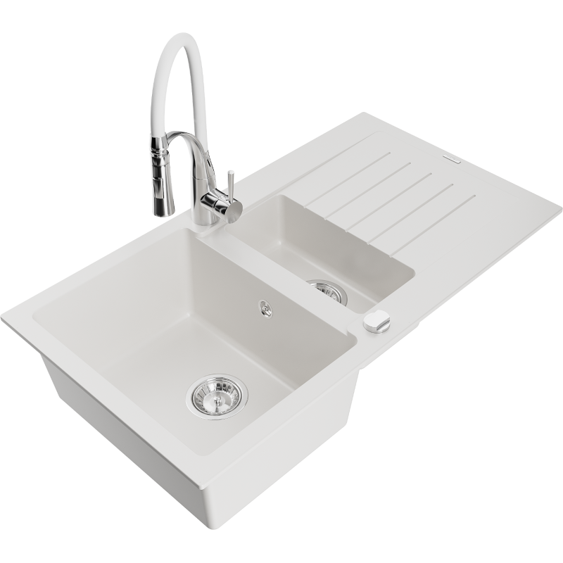 Mexen Matias dřez granitový 1,5-komorový s odkapávačem a kuchyňskou baterií Aster, bílý - 6502-20-73450-02