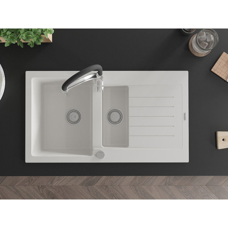 Mexen Matias granitový dřez 1,5-komorový s odkapávačem a kuchyňskou baterií Aster, bílý - 6502-20-73450-07