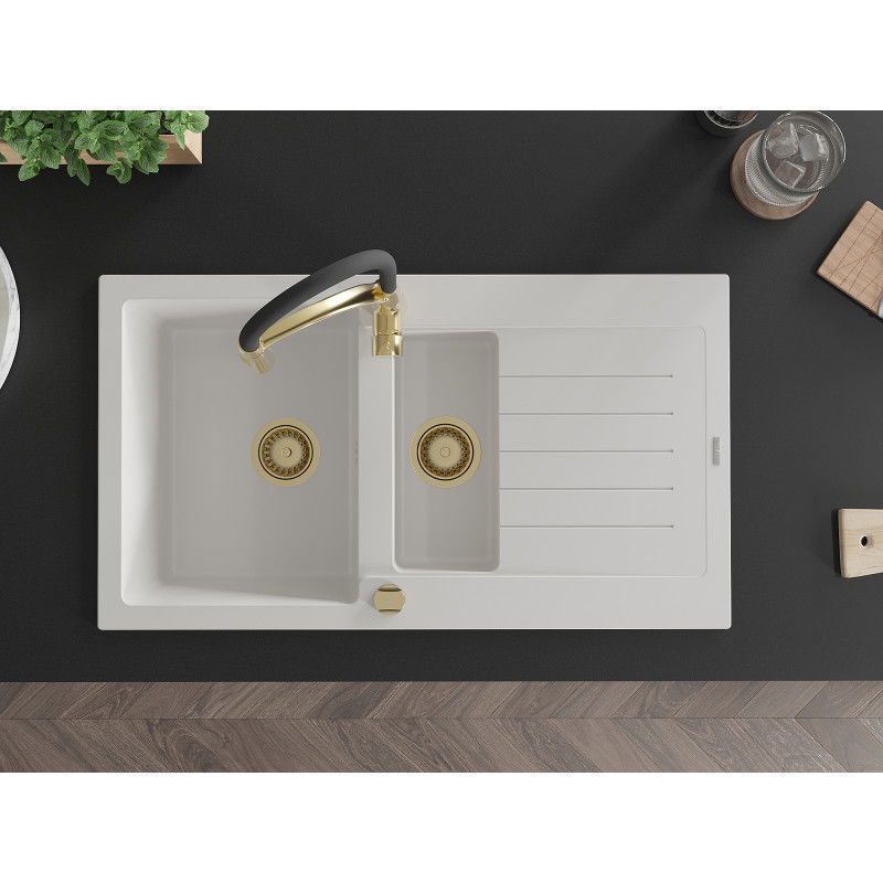Mexen Matias granitový dřez 1,5komorový s odkapávačem a kuchyňskou baterií Aster, bílý - 6502-20-73450-57-G