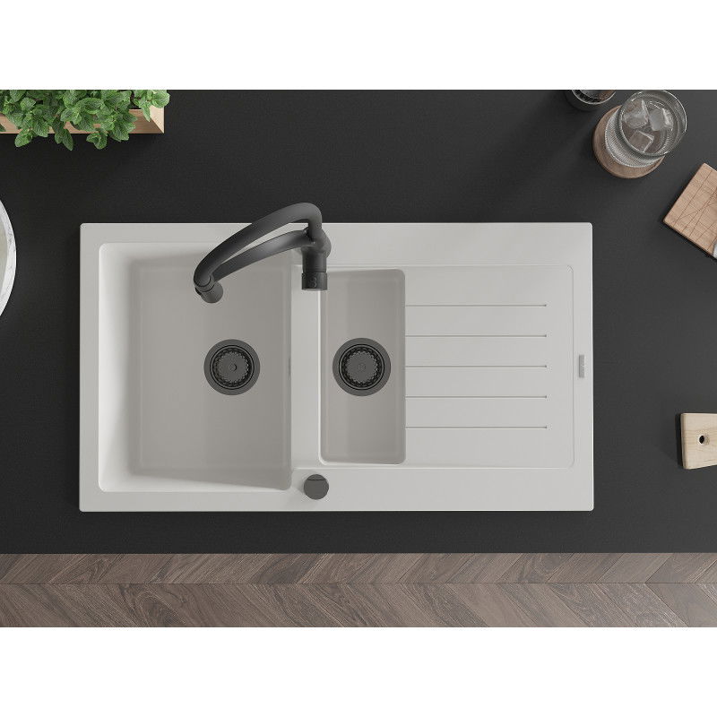 Mexen Matias granitový dřez 1,5-komorový s odkapávačem a kuchyňskou baterií Aster, bílý - 6502-20-73450-70-B