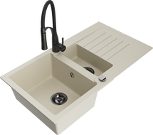 Mexen Matias žulový dřez 1,5-komorový s odkapávačem a kuchyňskou baterií Aster, béžový - 6502-69-73450-70-B