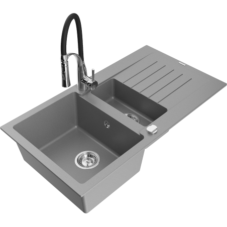 Mexen Matias granitový dřez 1,5-komorový s odkapávačem a kuchyňskou baterií Aster, šedý - 6502-71-73450-07