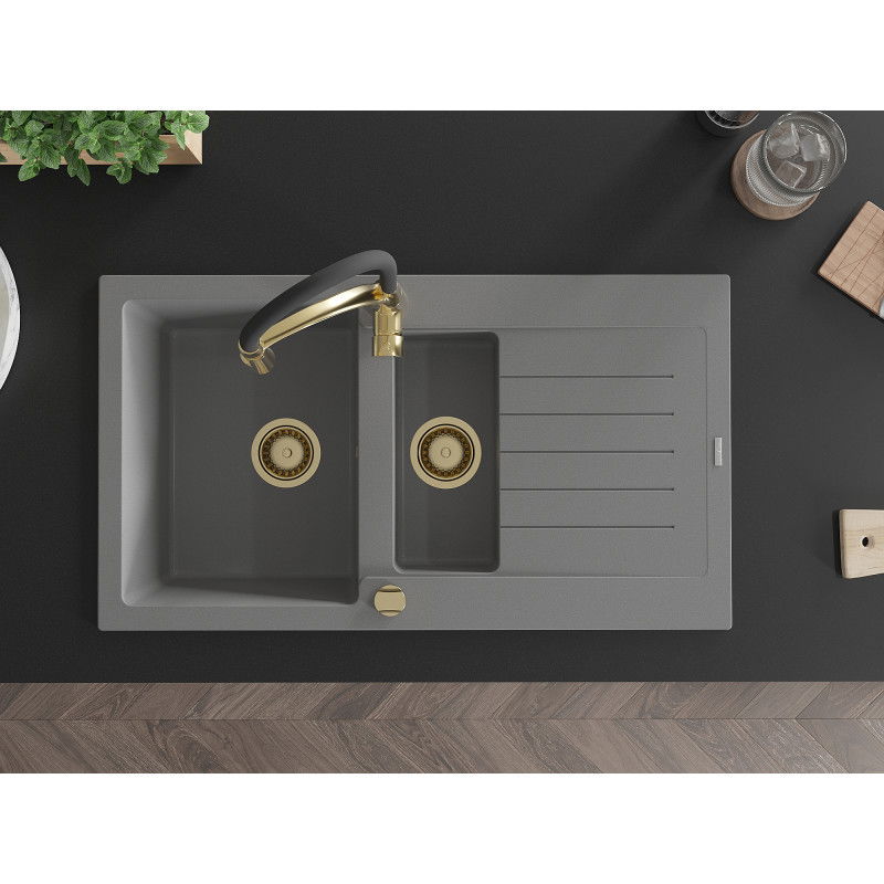 Mexen Matias granitový dřez 1,5-komorový s odkapávačem a kuchyňskou baterií Aster, šedý - 6502-71-73450-57-G