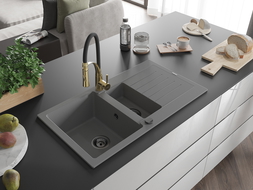 Mexen Matias granitový dřez 1,5-komorový s odkapávačem a kuchyňskou baterií Aster, šedý - 6502-71-73450-57-B
