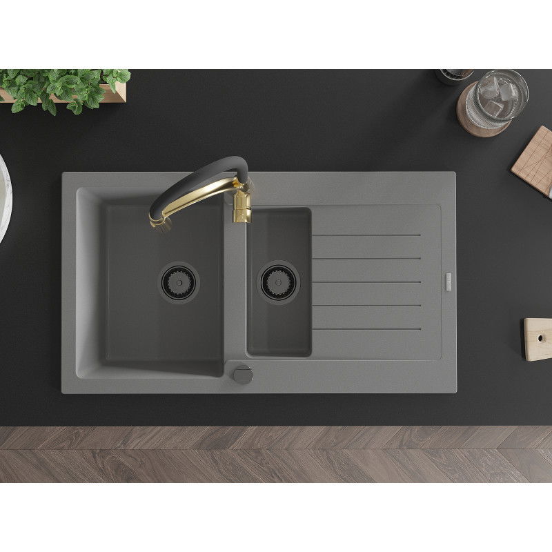 Mexen Matias granitový dřez 1,5-komorový s odkapávačem a kuchyňskou baterií Aster, šedý - 6502-71-73450-57-B