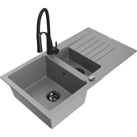 Mexen Matias granitový dřez 1,5-komorový s odkapávačem a kuchyňskou baterií Aster, šedý - 6502-71-73450-70-B