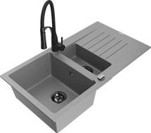 Mexen Matias granitový dřez 1,5-komorový s odkapávačem a kuchyňskou baterií Aster, šedý - 6502-71-73450-70-B