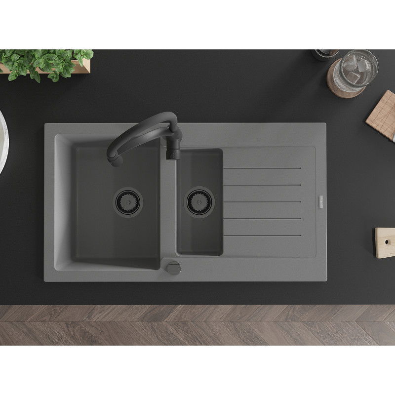 Mexen Matias granitový dřez 1,5-komorový s odkapávačem a kuchyňskou baterií Aster, šedý - 6502-71-73450-70-B
