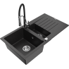 Mexen Matias granitový dřez 1,5-komorový s odkapávačem a kuchyňskou baterií Aster, černý/stříbrný metalik - 6502-73-73450-07